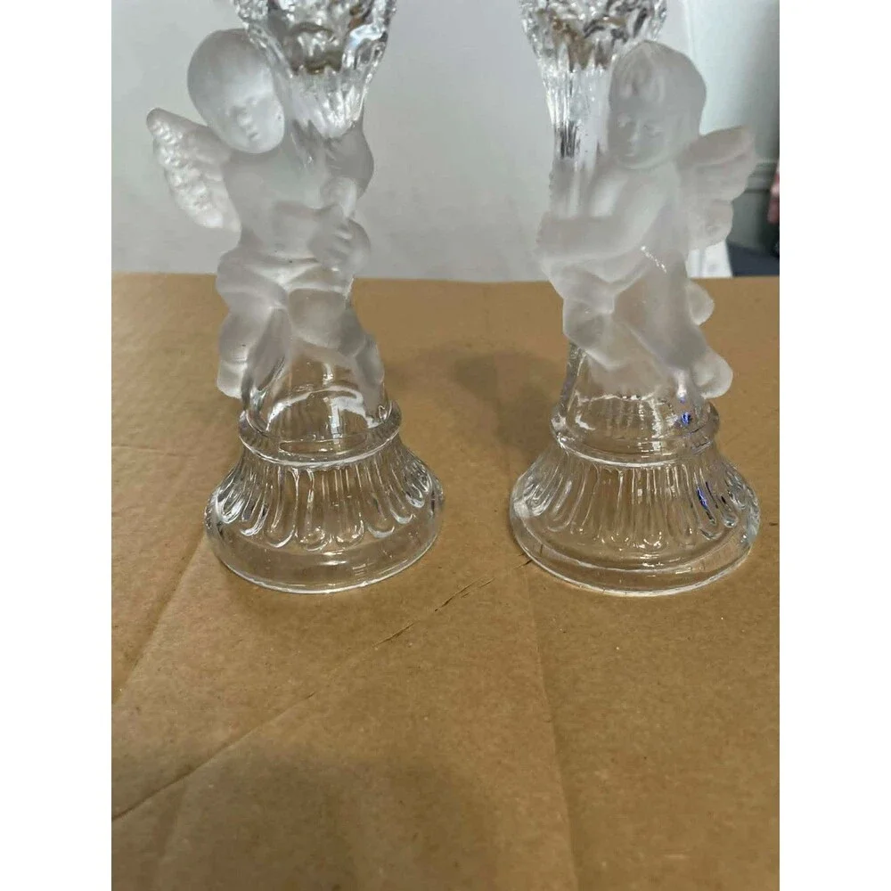 Cherub Candlestick Holders Set of 2 Clear Frosted Glass Angel Decor